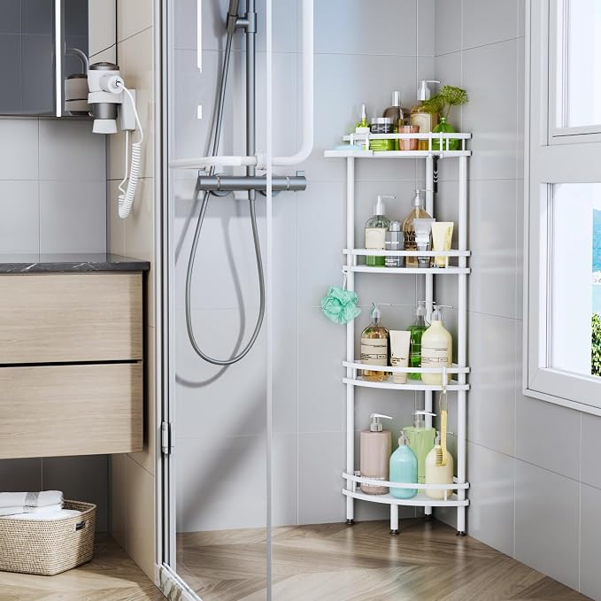 HapiRm Standing Corner Shower Caddy - 4 Tier Shower Organizer Corner with Soap Holder and 4 Hooks, Rustproof Bathroom Storage Shelves with Adhesives, White - Image 6