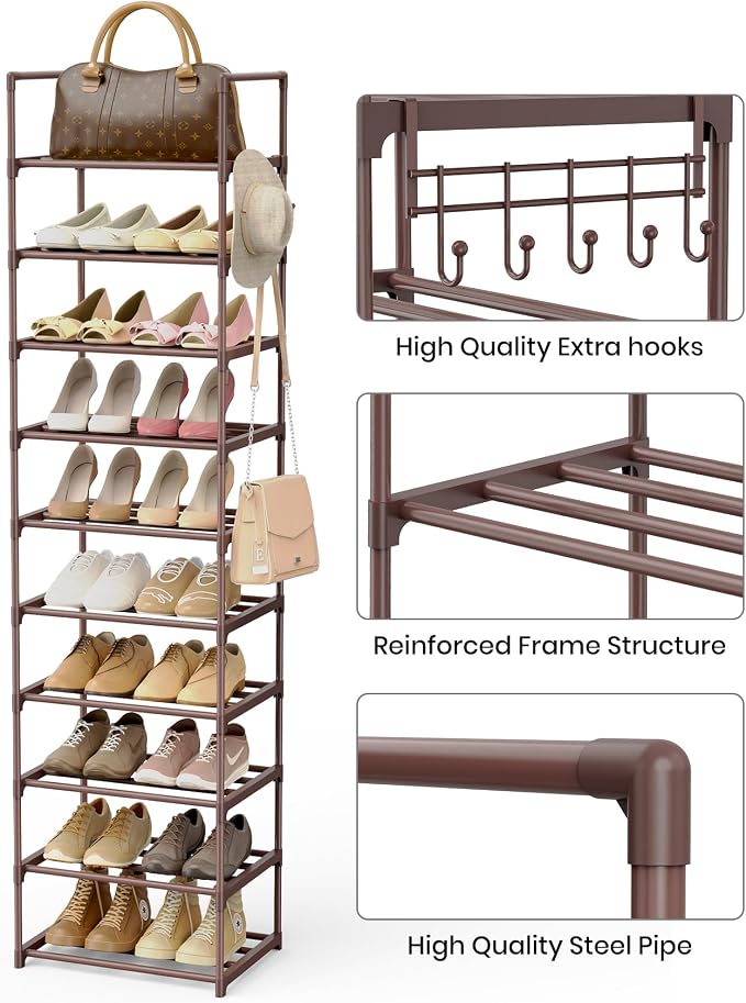 Tall 10 Tier Shoe Rack - 20-24 Pair Storage, Sturdy Metal Shoe Organizer with Hooks for Closet, Entryway, Brown - Image 6