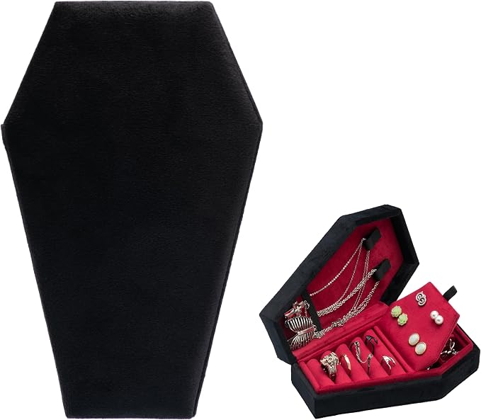 Velvet Coffin Jewelry Travel Case Holder for Gothic Wedding Ceremony Jewelry Organizer Decoration (Black Red 4 Grid) by DECORATIVEBOX