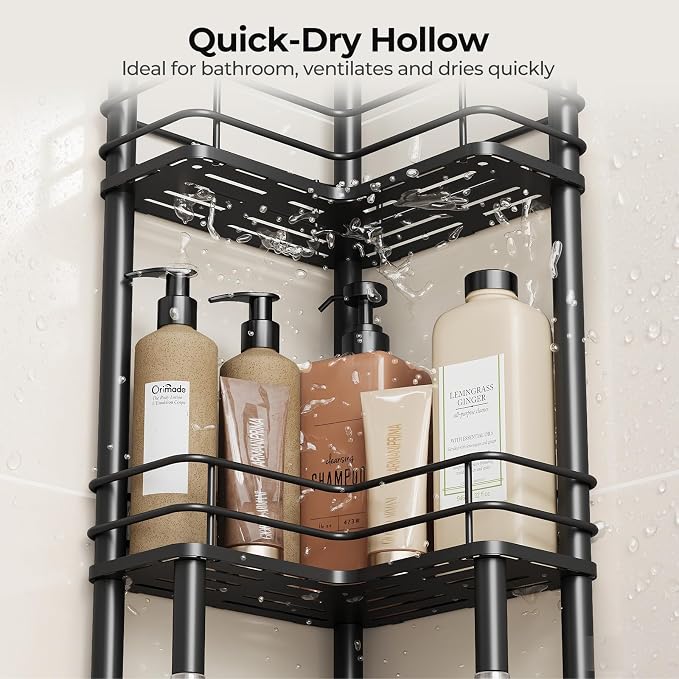 Orimade Rustproof 3 Tier Floor Standing Corner Shower Caddy Organizer with Toothbrush Holder, Large Spacing Floor Shower Shelf Rack Storage Stands with Hooks for Bathroom Kitchen, Black - Image 9