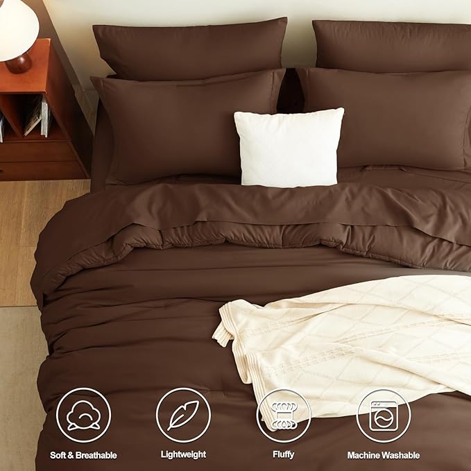 CozyLux Queen Comforter Set Brown, 7 Pieces Bed in a Bag Queen Comforter Set with Sheets, Luxury Soft Bedding Sets with Down Alternative Comforter, Fitted Sheet, Flat Sheet, Pillowcases & Shams