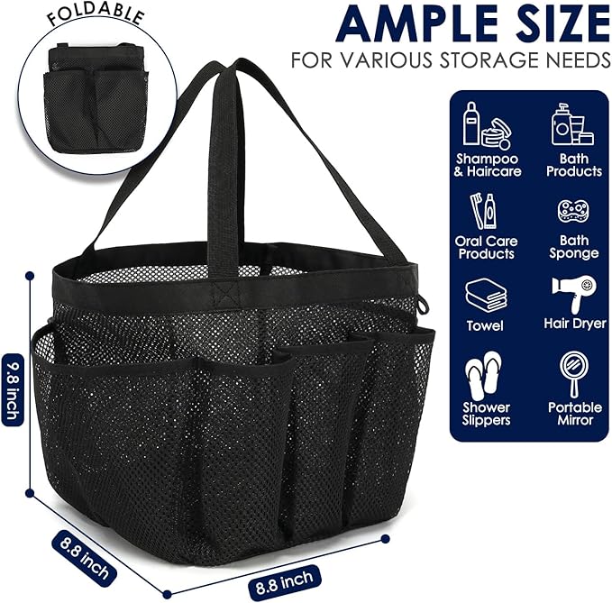 GYEUKHAM Large Mesh Shower Caddy Portable with 8-Pocket for College Dorm Room Essentials,Quick-Dry Handing Shower Basket Tote Bag for Toiletry, Bathroom,Beach,Camp,Gym,Black - Image 4