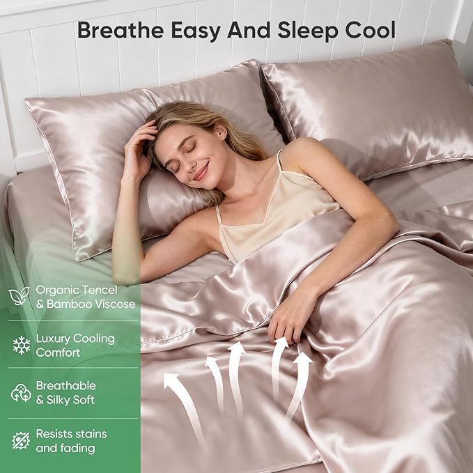 Luxury Organic Tencel & Viscose from Bamboo Cooling Sheet Set,Silky Soft Lyocell Sheets with Deep Pocket, Hypoallergenic & Breathable Bedding with Pillowcases (Sand, Full)