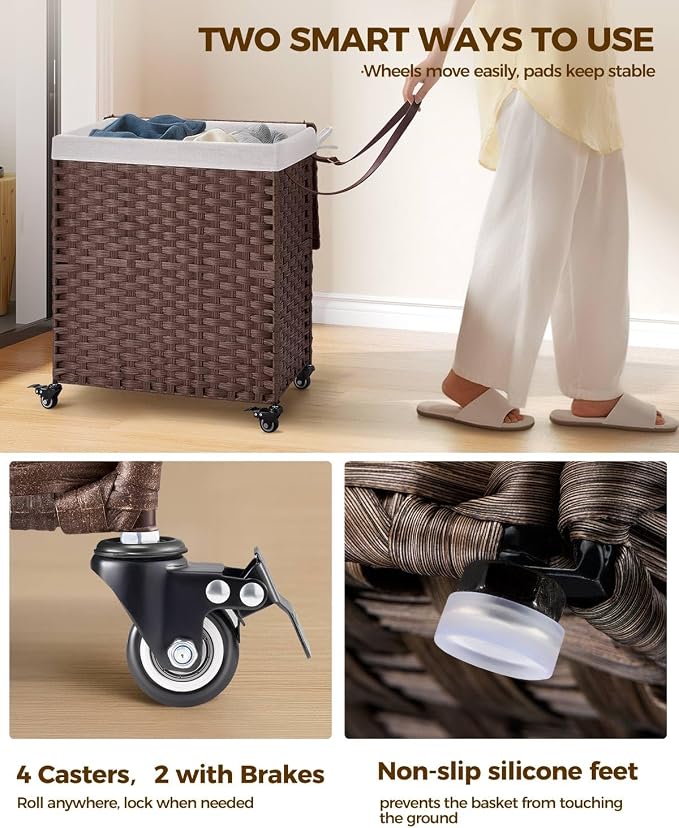Greenstell Laundry Hamper with Wheels, No Install Needed, 110L Divided Handwoven Hampers & 2 Removable Liner Bags, Rattan Clothes Laundry Basket with Lid & Handles, Foldable Hampers Brown 22x13x26.4In - Image 3