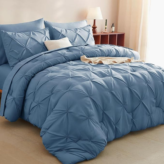 CozyLux Queen Comforter Set Grayish Blue, 7 Pieces Pintuck Bed in A Bag, Premium Blue Comforter Queen Size, Pinch Pleat Bedding Sets with Comforter, Sheets, Pillowcases & Shams