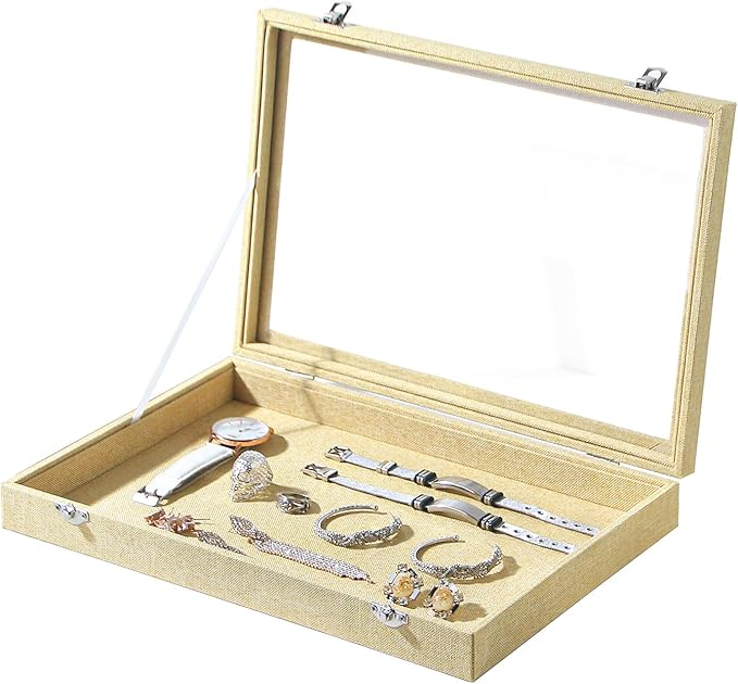 Coward Jewelry Organizer Box, Yellow Linen Blank Display Tray Case with Lid for Storage Necklaces Bracelets Rings Beads and Jewelry Accessories by FocusOnJewelryDisplay15yrs