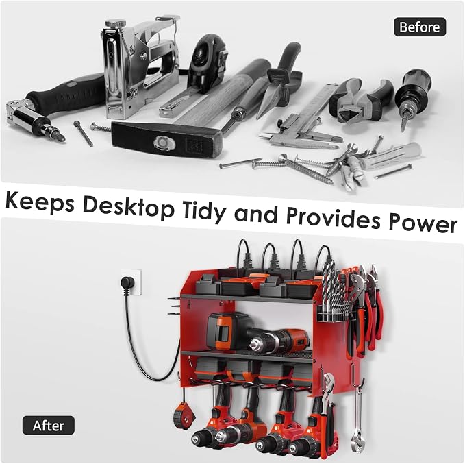 CCCEI Modular Power Tool Organizer Wall Mount with Charging Station. Garage Drill Storage Shelf with Hooks, Heavy Duty Rack, Tool Battery Holder Built in 8 Outlet. Gift for Men. Red, 1 Pack. - Image 4