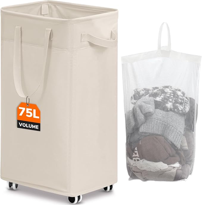 CHICVITA Collapsible Laundry Basket on Wheels 75L, Slim Laundry Hamper with Removable Wash Bag for Bedroom, Clothes Hampers for Laundry, Ivory by CHICVITA