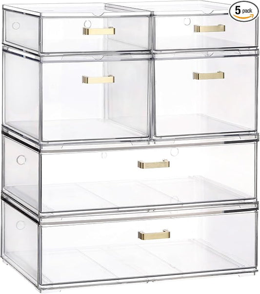 LALOBLUE Stackable Storage Drawers, 6 Pack Clear Acrylic Organizer Bins with Golden Handles, Multi-Size Plastic Drawers for Makeup, Vanity, Kitchen, Bathroom, Office, Pantry Organization and Storage by Laloblue