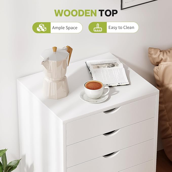 5 Drawer Mobile File Cabinet Under Desk Storage Organization with Wheels Vertical Filing Chest Rolling Wood Small Desk Printer Stand for Home Office, White - Image 7