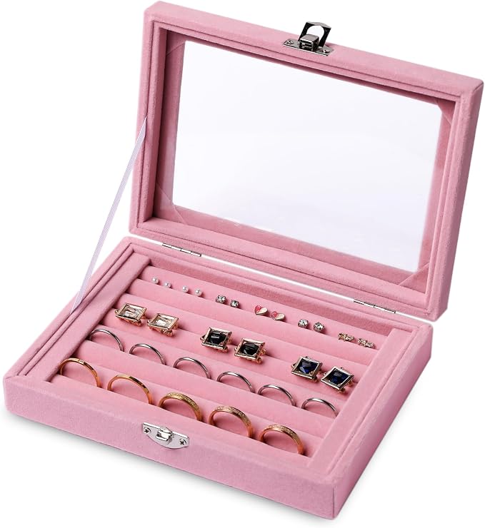 Frebeauty Rings/Earring Organizer Tray with Clear Lid,7 Slots Ring Box Velvet Ring Holder Drawer Insert Jewelry Storage Box Jewelry Display Case Jewelry Box Gift for Women and Girls(Pink,7 Slots) by Frebeauty