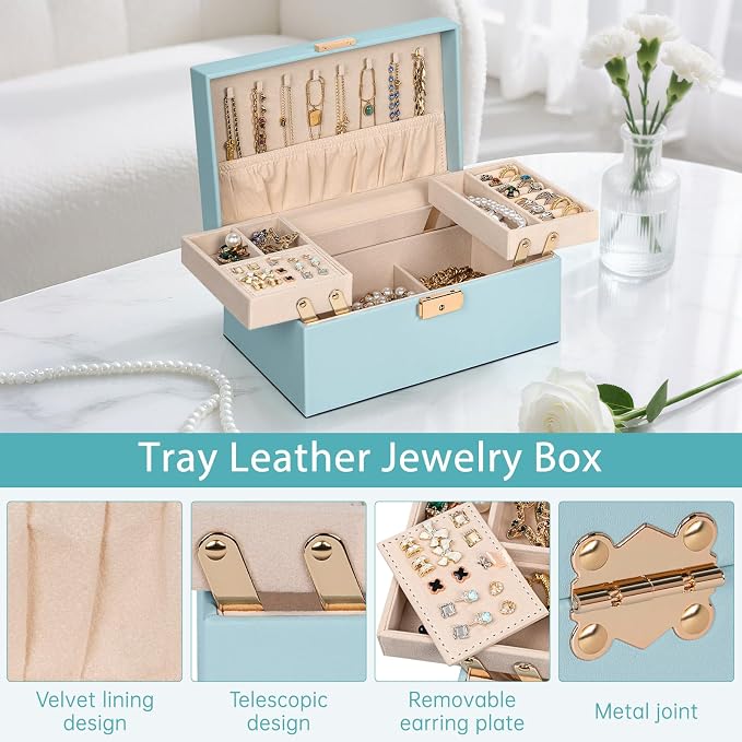 AKOZLIN Travel Jewelry Box Organizer Functional 2-trays Leather Jewelry Storage Case with Lockable Portable for Women Girls Ring Necklace Earring Bracelet - Image 7
