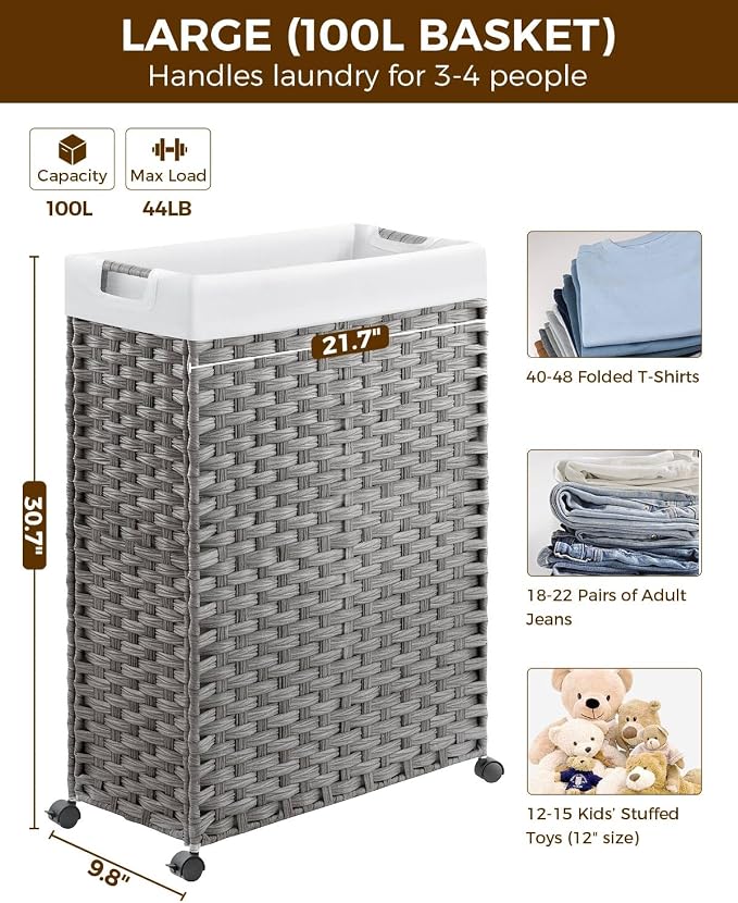 Greenstell Laundry Hamper with Wheels & Handles, 26.4 Gallon (100L) Slim Laundry Basket with 2 Removable Liner Bags & 2 Mesh Bags, Foldable Narrow Clothes Hamper for Bedroom, Bathroom, Closet, Grey - Image 4