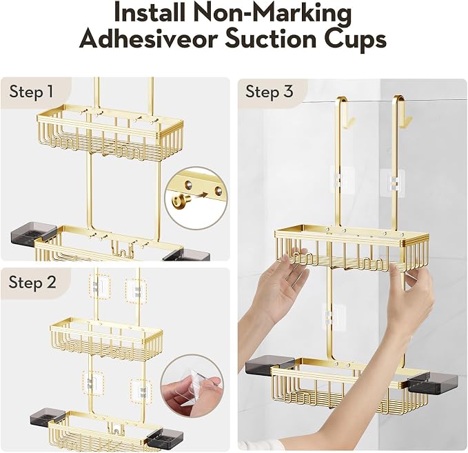 Over the Door Shower Caddy Hanging With Double Soap Holder Never Rust Aluminum Shower Shelf With 4 Hooks Hanging Bathroom Organizer No Drilling Shelves for Bathroom Storage Gold - Image 7