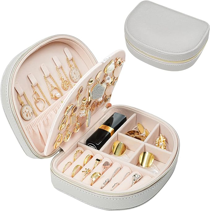 ProCase Travel Size Jewelry Box, Medium Portable Seashell-Shaped Jewelry Case, 2 Layer Mini Jewelry Organizer in PU Leather for Women -Silver by ProCase