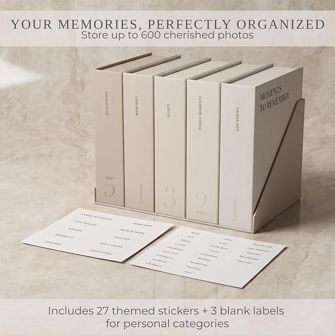 ZICOTO Decorative Photo Storage Box Set of 5 - Sturdy Photo Organizer Boxes with Dividers and Pre-Printed Labels to Keep Your Precious 4x6 Pictures Beautifully Organized on Your Shelf - Image 3