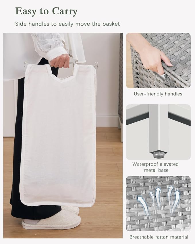 SETVSON Laundry Hamper with Lid 132 L, (35 Gallons) Clothes Hamper with Lid, Handwoven Rattan Laundry Hamper with Metal Heightened Feet, Laundry Hampers with 3 Removable Liner Bags for Laundry-Gray - Image 4