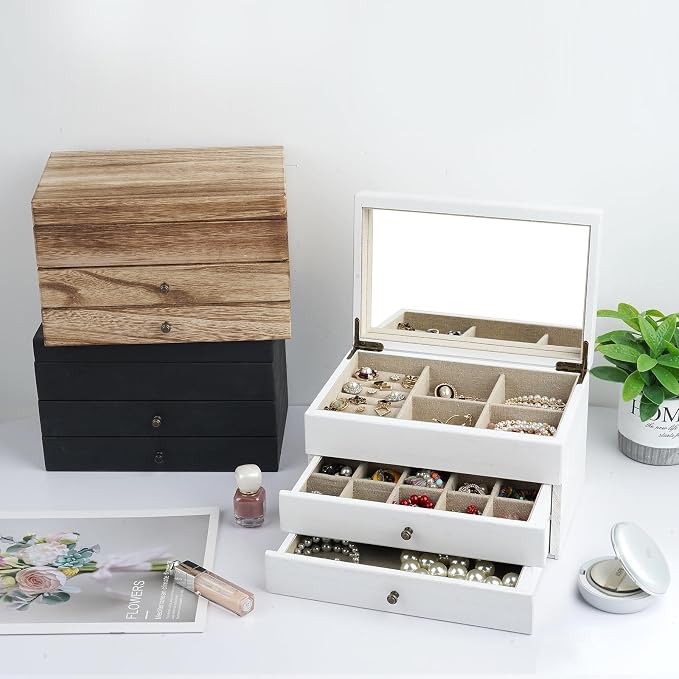 Meangood Jewelry Box Organizer for Women, 3 Layer Large Jewelry Storage Case, Rustic Wooden Jewelry Box with Mirror & Ring Tray for Necklace Earring Bracelets Rings, Vintage Style (White) - Image 2