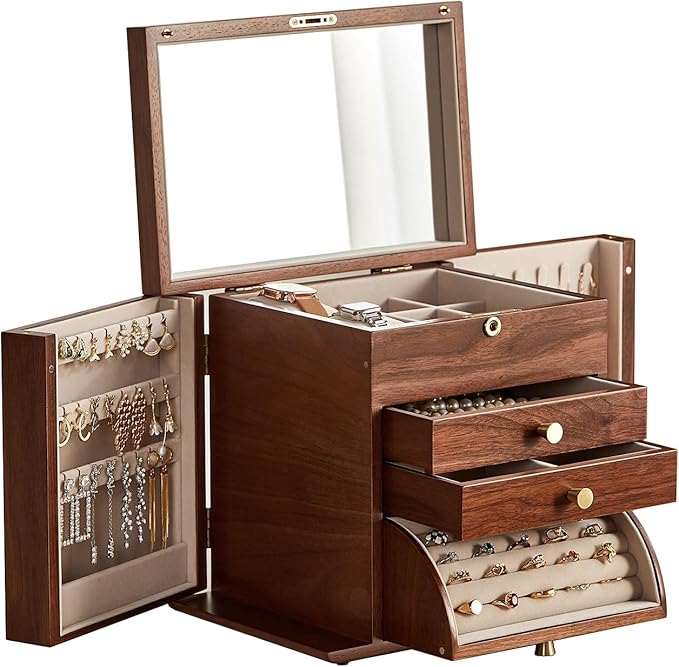 CHOSIN Black Walnut Wooden Jewelry Box, 4 Layer Lockable Organizer with Mirror, Rotatable Ring Holder,Side Doors & Brass Handle, Classical Design for Rings, Necklaces, Mothers Day Gift for Mom by CHOSIN