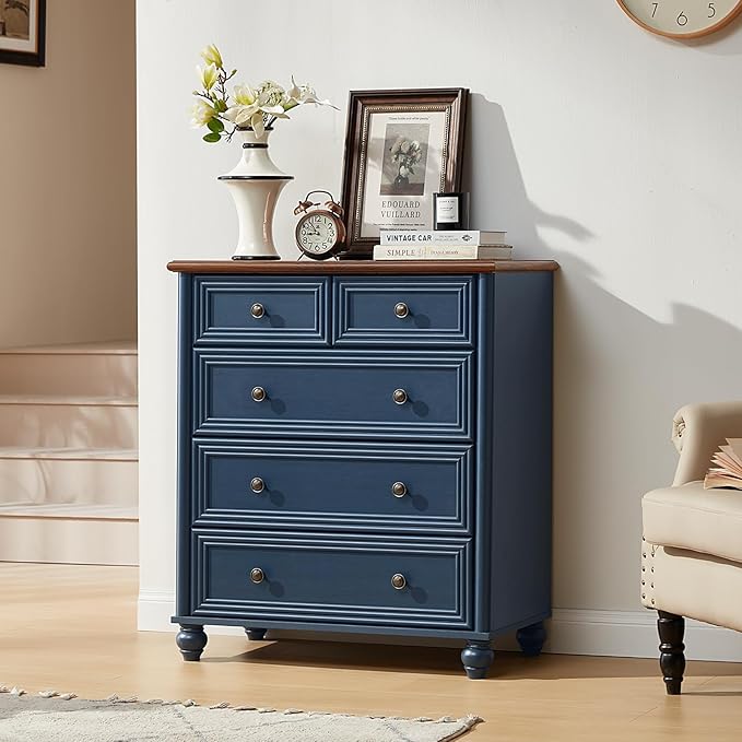 RWYHG Farmhouse 5 Drawer Dresser Set of 2, Blue Rustic Chest of Drawers, 35.5" Tall Small Dressers for Bedroom with Roman Column and Metal Handles,Wood Storage Organizer for Living Room,Hallway,Closet