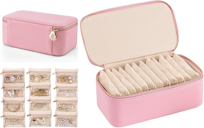 VLANDO Travel Jewelry Box Organizer – Portable PU Leather Jewelry Case with 6/8/12 Zippered Pouches, Compact Storage for Earrings Rings Necklaces Bracelets, Strawberry Pink by VLANDO