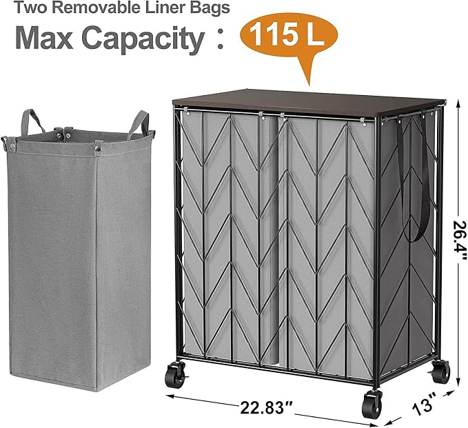 WOWLIVE Laundry Basket with Wheels, Heavy Duty Laundry Hamper with Wood Lid, Clothes Hamper with Divided Removable Liner Bag, Large Capacity Iron-Made Laundry Sorter Laundry Room Organization (Grey) - Image 4