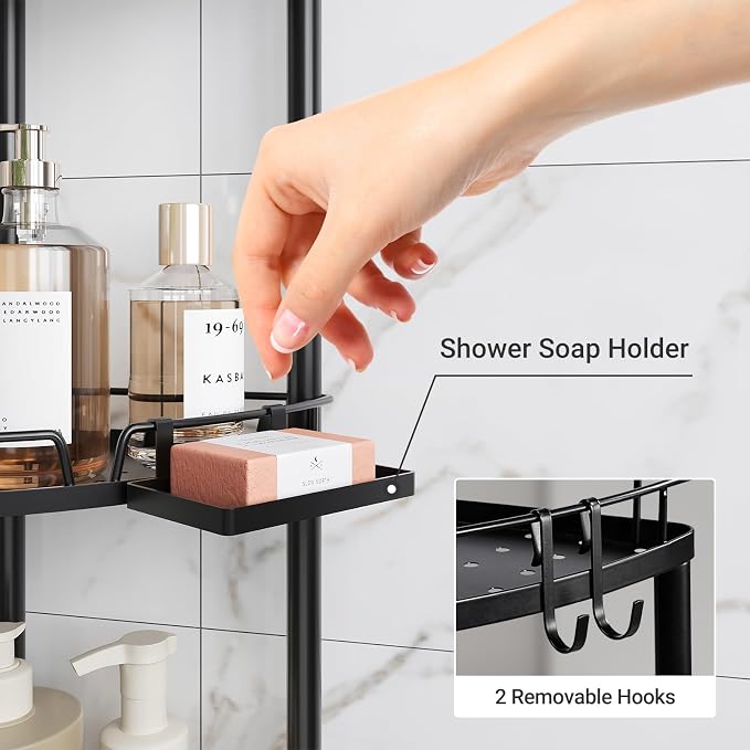 ELYKEN Corner Shower Caddy Standing, 4 Tier Rustproof Metal Shower Organizer with Soap Holder, Floor Shower Corner Shelf Rack Storage Stands with Adjustable Feet & 2 Hooks for Bathroom, Black - Image 3