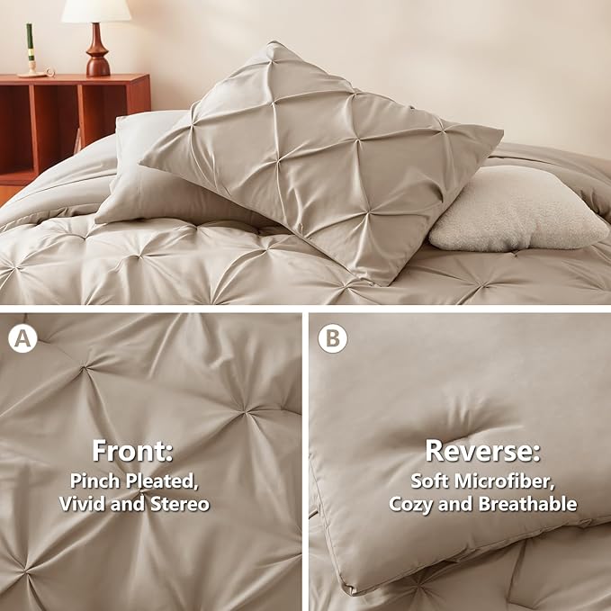CozyLux Full Size Comforter Sets Wheat, 7 Pieces Pintuck Bed in A Bag Wheat Comforter Full Size, Pinch Pleat Bedding Sets with All Season Comforter, Sheets, Pillowcases & Shams