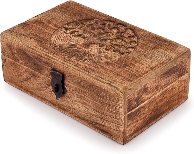 Samhita Handmade Mango Wood Tree of Life Engraving Beautifully Keepsake Box Jewellery Organiser Unique Gift Ideas for Men & Women (Flame Work Finish) by Samhita