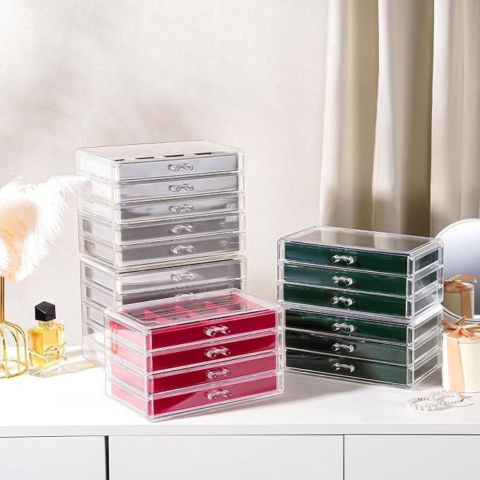 Lolalet Earring Holder Organizer Box Jewelry Storage with 4 Drawers, Clear Acrylic Stackable Earring Case with Adjustable Velvet Trays for Women on Dresser Vanity -Emerald, 4 Layers - Image 3