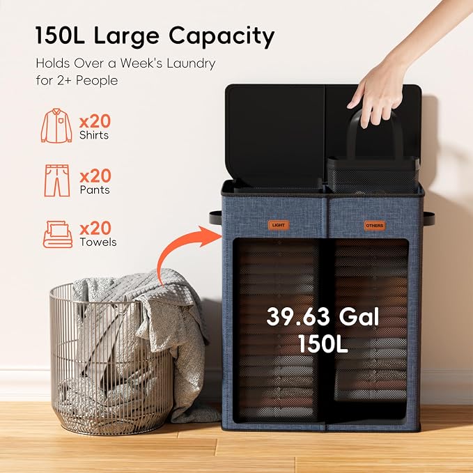 150L Double Laundry Hamper With Lid, Large Clothes Hampers with Removable Bag, Laundry Hamper 2 Section for Bathroom, Bedroom, Laundry Room, Dorm, Navy Blue - Image 4