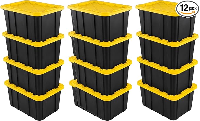 Sterilite 12 Pack Industrial Tote Organizers, Plastic Storage Container Bins with Lids, 27 Gallon - Heavy-Duty Organizing Containers for Closet, Bathroom, and Office by Sterilite