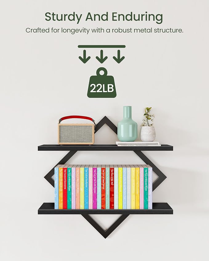 CHOEZON Floating Shelves, Set of 2 Wall Shelves, 2-Tier Hanging Shelves, Wall Shelf Set of 2, Wall Mounted Shelves, for Living Room, Bedroom, Kitchen, Office, Study, Black TBJ01P2BB - Image 5