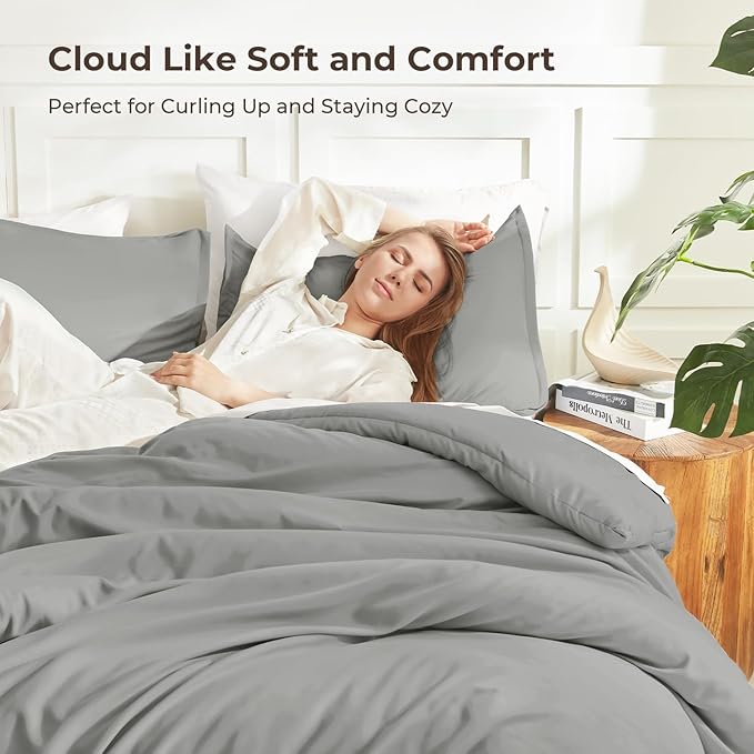 Litanika Comforters Medium Gray Oversized Queen Size, 3 Pieces Lightweight Solid Bedding Set & Collections, All Season Fluffy Bed Set (98x98In Comforter & 2 Pillowcases)