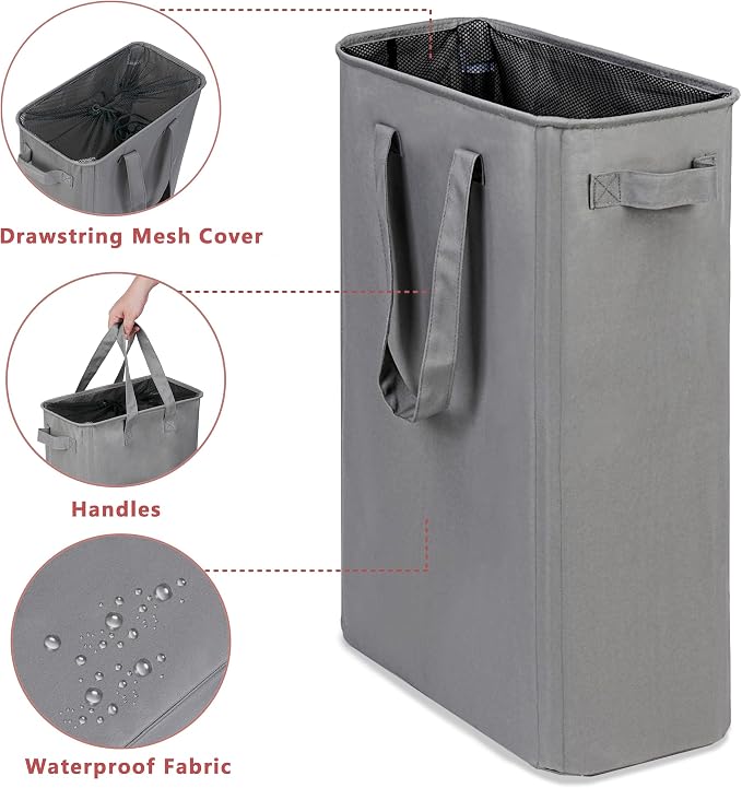 efluky Slim Laundry Basket, Narrow Laundry Hamper with Handles, Collapsible Dirty Clothes Hamper, Tall Laundry Bin for Laundry Room, Dorm and Bedroom, 12.7 Gallons(48L) Grey - Image 3