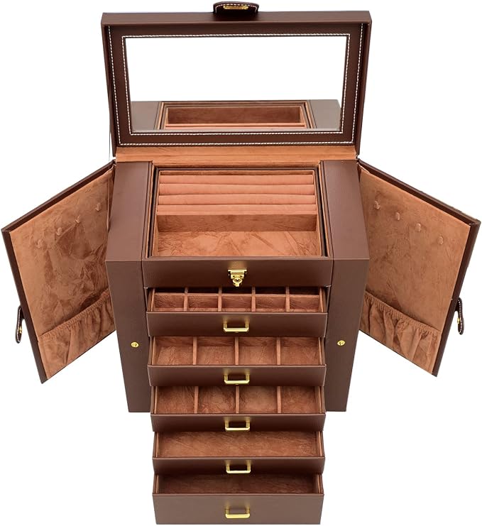 AKOZLIN Extra Large 6-Tier Jewelry Box Organizer with Mirror, 5 Drawers Leather Jewelry Storage Case for Women Girls Ring Necklace Earring Bracelet Brown - Image 8