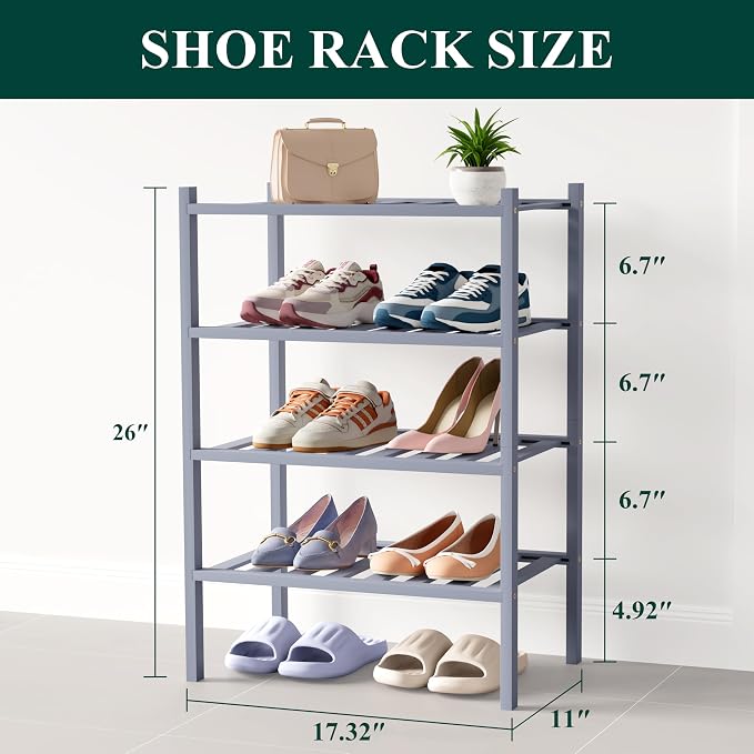 Smiry Bamboo Shoe Rack for Closet, 4 Tier Small Wooden Stackable Shoe Organizer, Free Standing Shoes Storage Shelf for Entryway, Front Door Entrance, Grey - Image 2