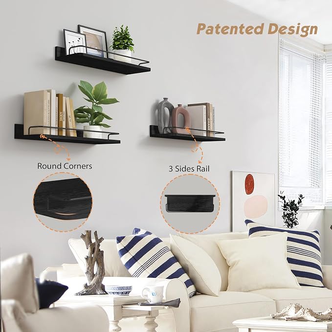 Forbena Black Floating Shelves for Wall, Bahtroom Wall Shelves Over Toilet, Rustic Hanging Shelf with Lip Rail for Bedroom Kitchen Office Living Room Picture Photo Decor, 17 Inch Long-Set of 3 - Image 4