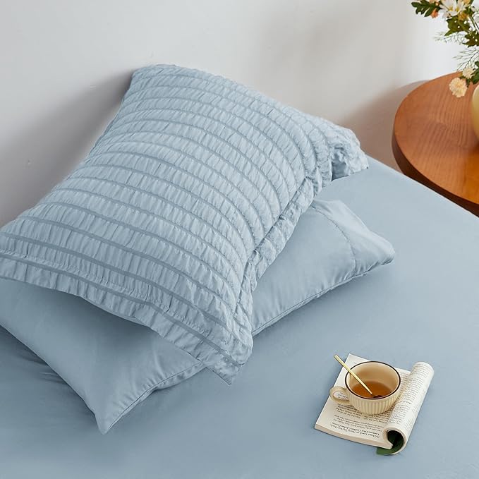 Love's cabin Seersucker Light Blue King Size Comforter Set, 7-Piece All Season Lightweight Bed in a Bag Bedding Set with Comforter, Flat Sheet, Fitted Sheet, Pillowcases and Shams | Soft, Breathable, Lightweight