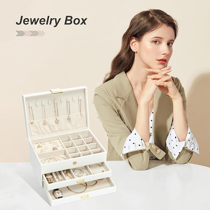 Jewelry Organizer Box for Women Girls, 3-Layer Jewelry Case with 2 Drawers Jewelry Storage Box for Ring Earrings Bracelets Necklaces(White) - Image 4