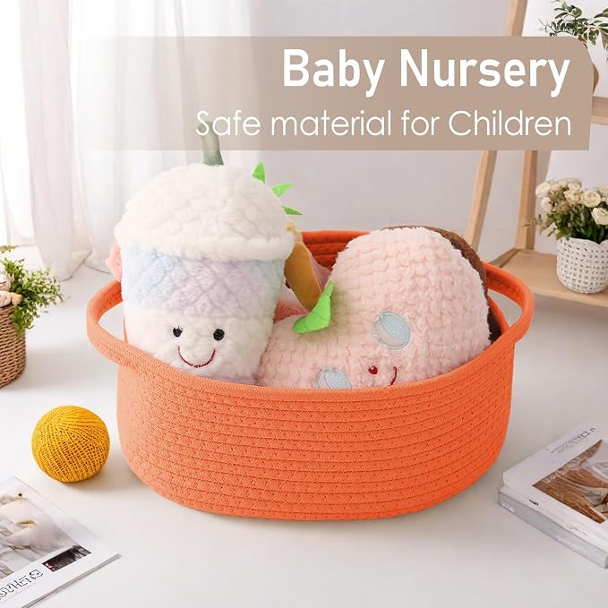 JMvicyroam Woven Basket,Small Rope Storage Bin with Handles & Ribbon Bag, Organizer for Shelves Closets,Gift Basket Empty for Birthday,Books,Dog Toys,Orange - Image 5