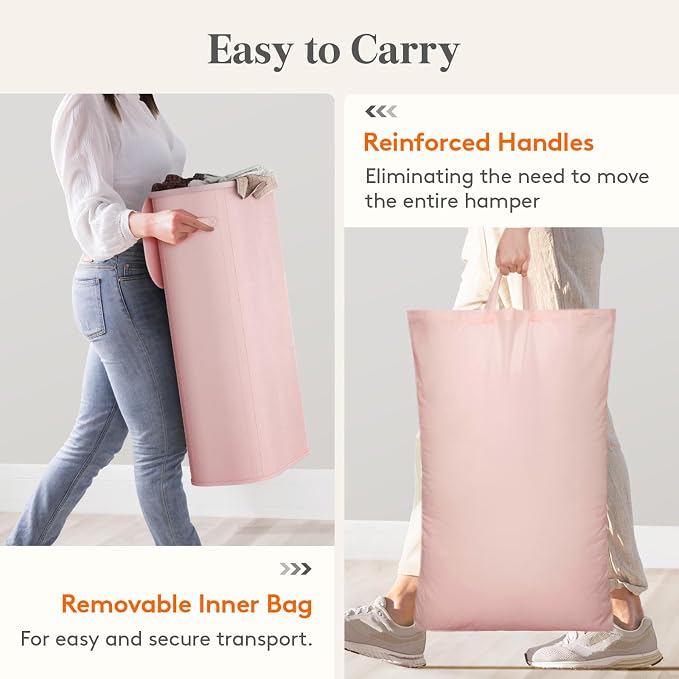 Lifewit Slim Laundry Basket with Lid, Narrow Large Laundry Hamper with Plastic Handles and Removable Bag, Tall Foldable Dirty Clothes Hampers for Laundry Room, Bedroom, Bathroom, Dorm, 75L Pink - Image 8
