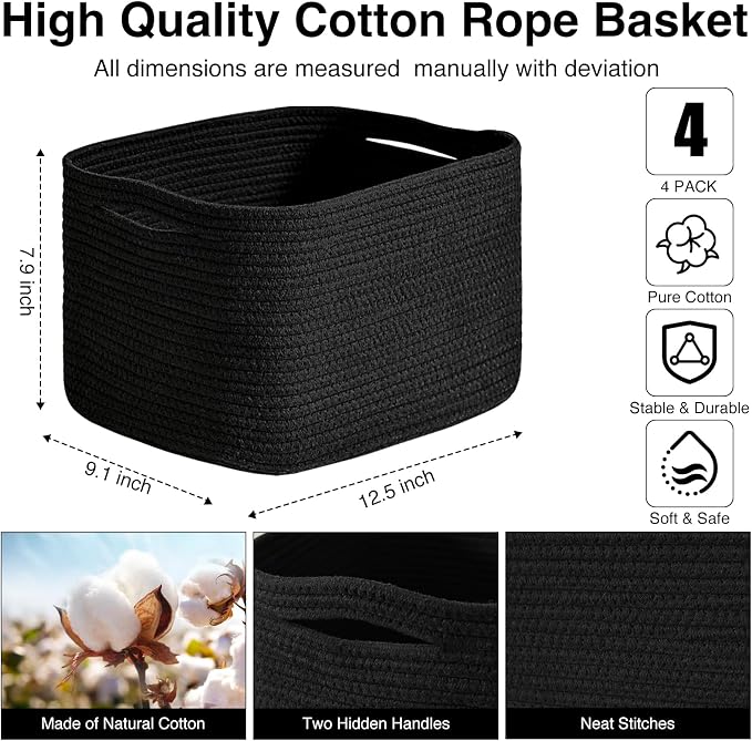 ICERZCZ Black Storage Baskets for Shelves, Small Storage Baskets for Organizing, Woven Cotton Rope Baskets for Storage, Book Basket, Decorative Shelf Basket, 12.5"Lx9.1''Wx7.9''H (4 Packs) Black - Image 3