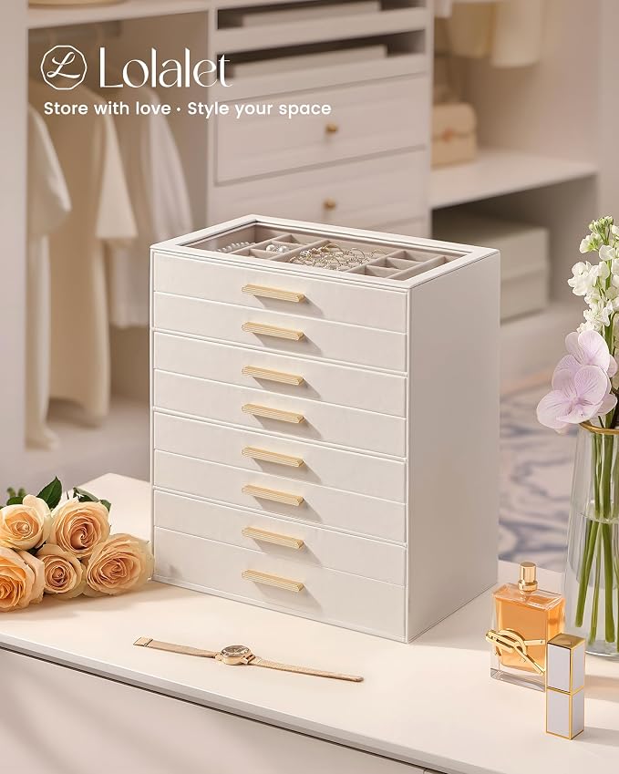 Lolalet Jewelry Box Organizer, 8-Layer Jewelry Organizers and Storage Case with Glass Lid, Ring Earring Bracelet Necklace Holder Organizer, Birthday Valentine Gifts for Women Girls -8Layer, Beige - Image 6