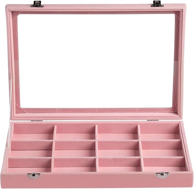 Frebeauty Velvet Jewelry Tray,12 Grid Jewelry Organizer with Clear Lid,Bracelets Holder,Jewelry Display Case with Clasp,Drawer Insert Bangle Brooch,13.8 x 9.5 x 2 Inches,Gift for Women Girls(Pink) - Image 2
