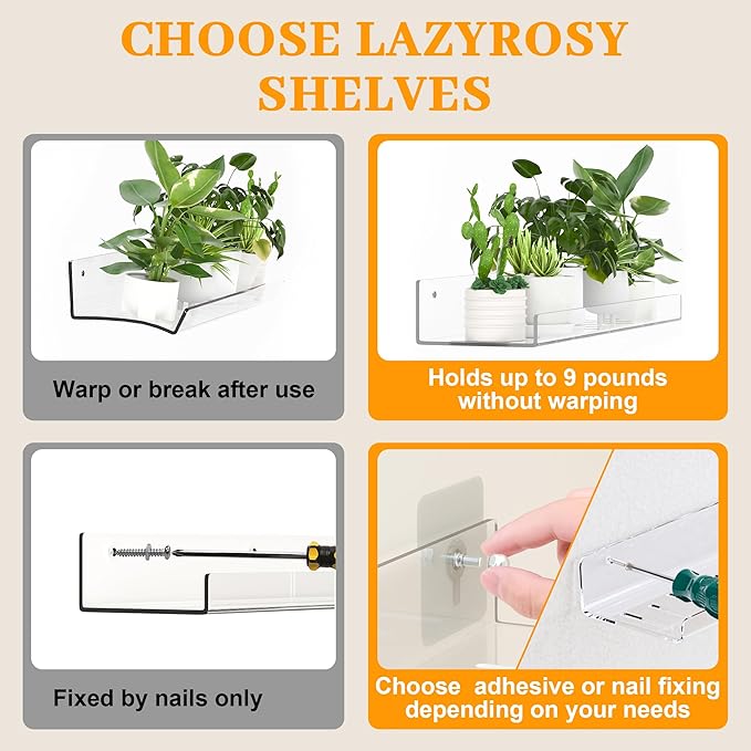 LAZYROSY 10 Pack Floating Shelves - Clear Acrylic/PET Wall Mounted Non-Drilling Storage Rack with Adhesive, Invisible Bathroom and Bedroom Shelves for Kitchen, Living Room, Clear Decoration - Image 3