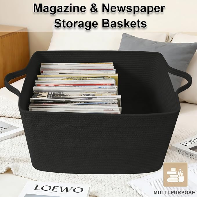 Large Blanket Basket,Woven Rope Basket Storage Bin with Handles,65L Rectangle Laundry Basket for Magazines,Toys,Clothes,Newspaper Shelf Organization,Nursery and Living Room,Black - Image 5