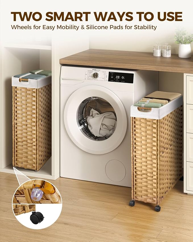 Greenstell Laundry Hamper with Wheels, 17.4 Gallon (66L) Slim Laundry Basket with 2 Removable Liner Bags & 2 Mesh Bags, Narrow Rattan Clothes Hamper for Bedroom, Laundry Room, Bathroom, Natural - Image 2