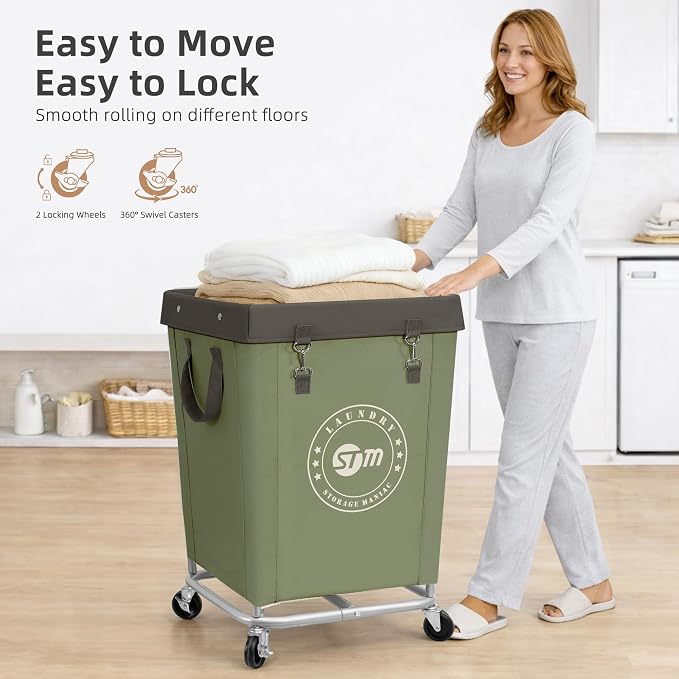 STORAGE MANIAC Commercial Laundry Hamper with Heavy Duty Steel Frame, 160 L Industrial Laundry Basket Cart with Wheels for Hotel, Home, Laundry Room, 18''L x 18''W x 31''H, Medium Green - Image 5