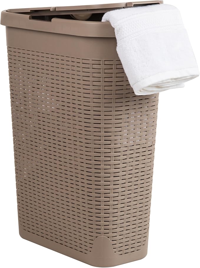 Mind Reader Slim Laundry Hamper with Lid, 40L Clothes Basket, Narrow Tapered Design with Ventilated Cutout Pattern, Plastic, Tan by MindReader